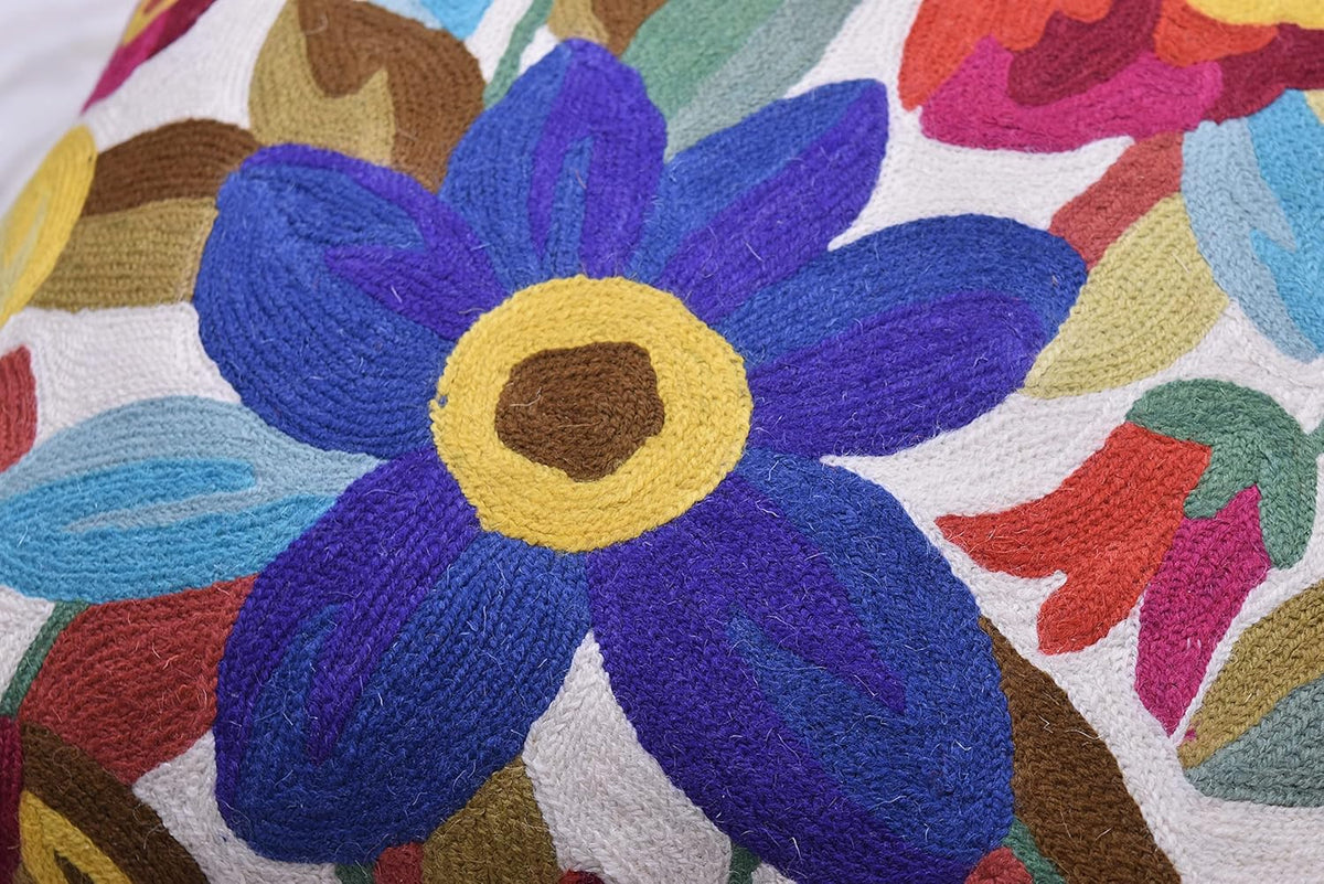 Cream Floral Pillow Cover Blue Flower Pillowcase Boho Cushion Florals Accent Throw Pillowsham Wool