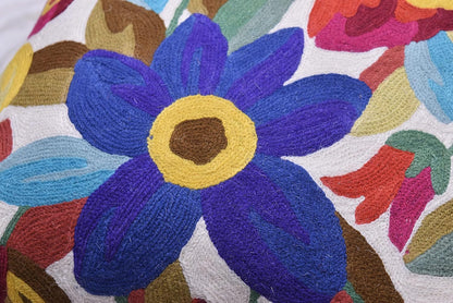 Cream Floral Pillow Cover Blue Flower Pillowcase Boho Cushion Florals Accent Throw Pillowsham Wool