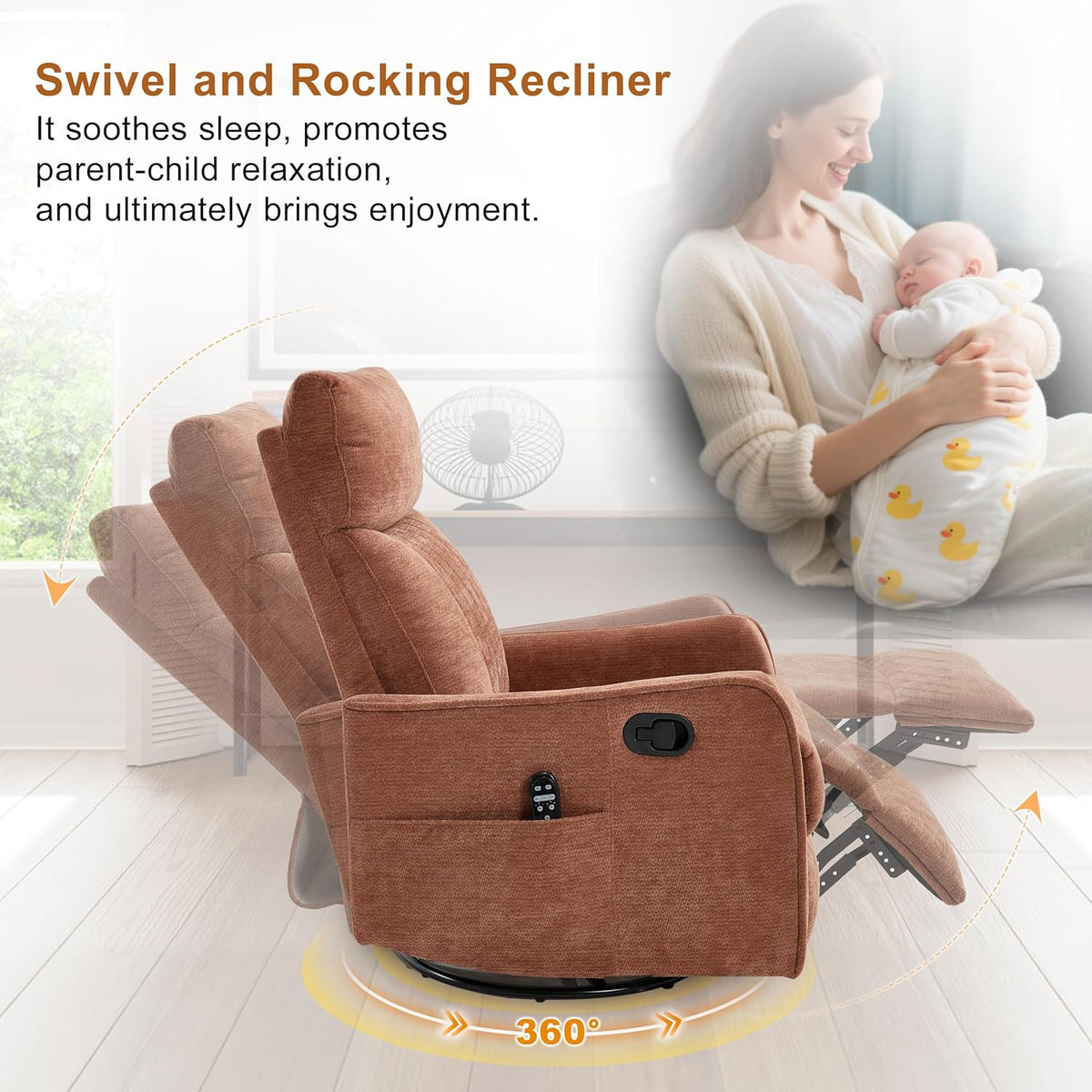 Manual Swivel Rocker Recliner Chair for Adults, Overstuffed Reclining Glider Chair for Nursing with
