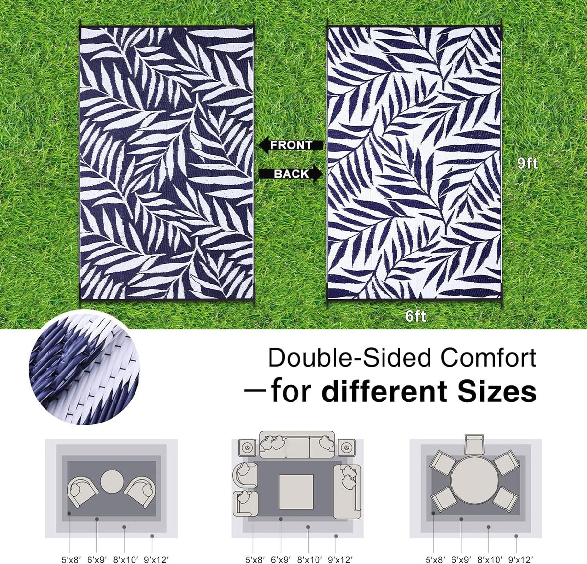 OLANLY Waterproof Outdoor Rug 6x9 ft, Reversible Outdoor Plastic Straw Rug with Leaf Pattern, RV
