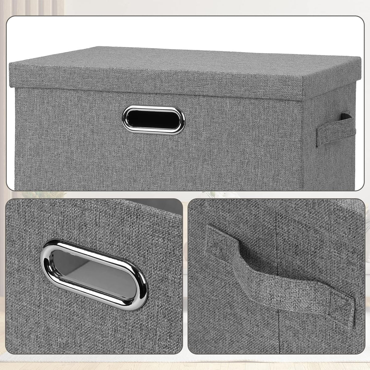 Large 17" 36 Quart Collapsible Stackable Storage Bins with Lids, 3 Packs Grey Linen Fabric Closet
