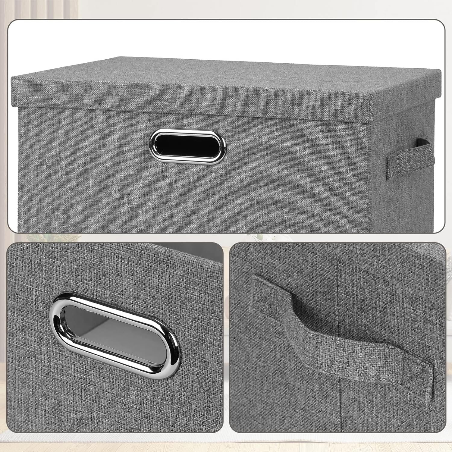Large 17" 36 Quart Collapsible Stackable Storage Bins with Lids, 3 Packs Grey Linen Fabric Closet