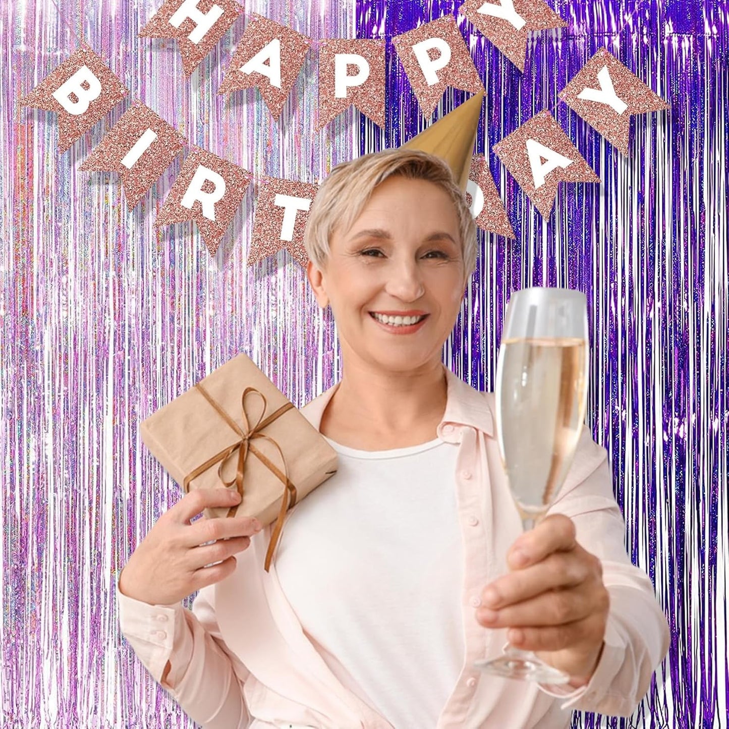 BRAVESHINE 1 Purple 1 Pink Streamers Party Photo Backdrop - 3.2 ft x 8.2 ft Metallic Tinsel Foil
