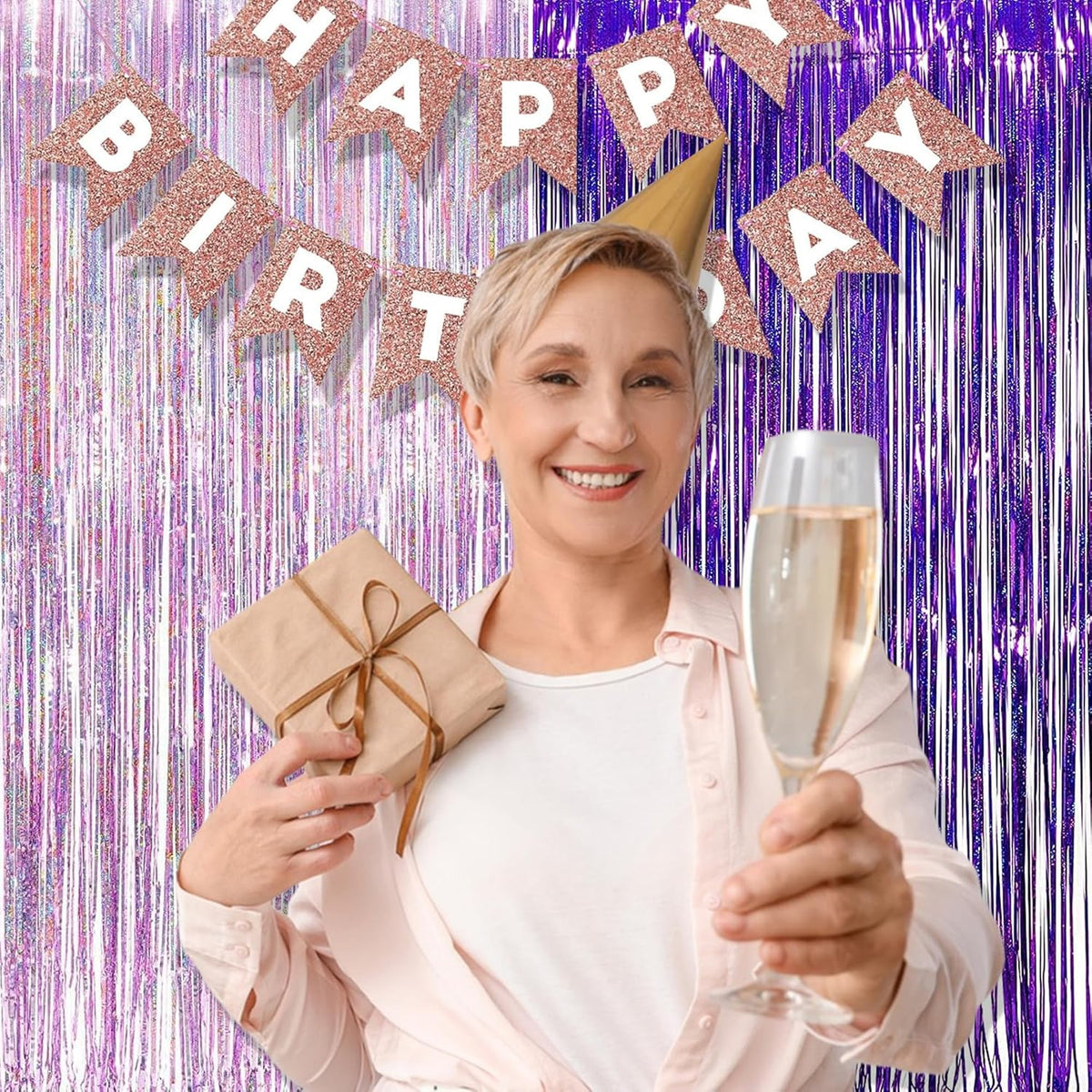 BRAVESHINE 1 Purple 1 Pink Streamers Party Photo Backdrop - 3.2 ft x 8.2 ft Metallic Tinsel Foil
