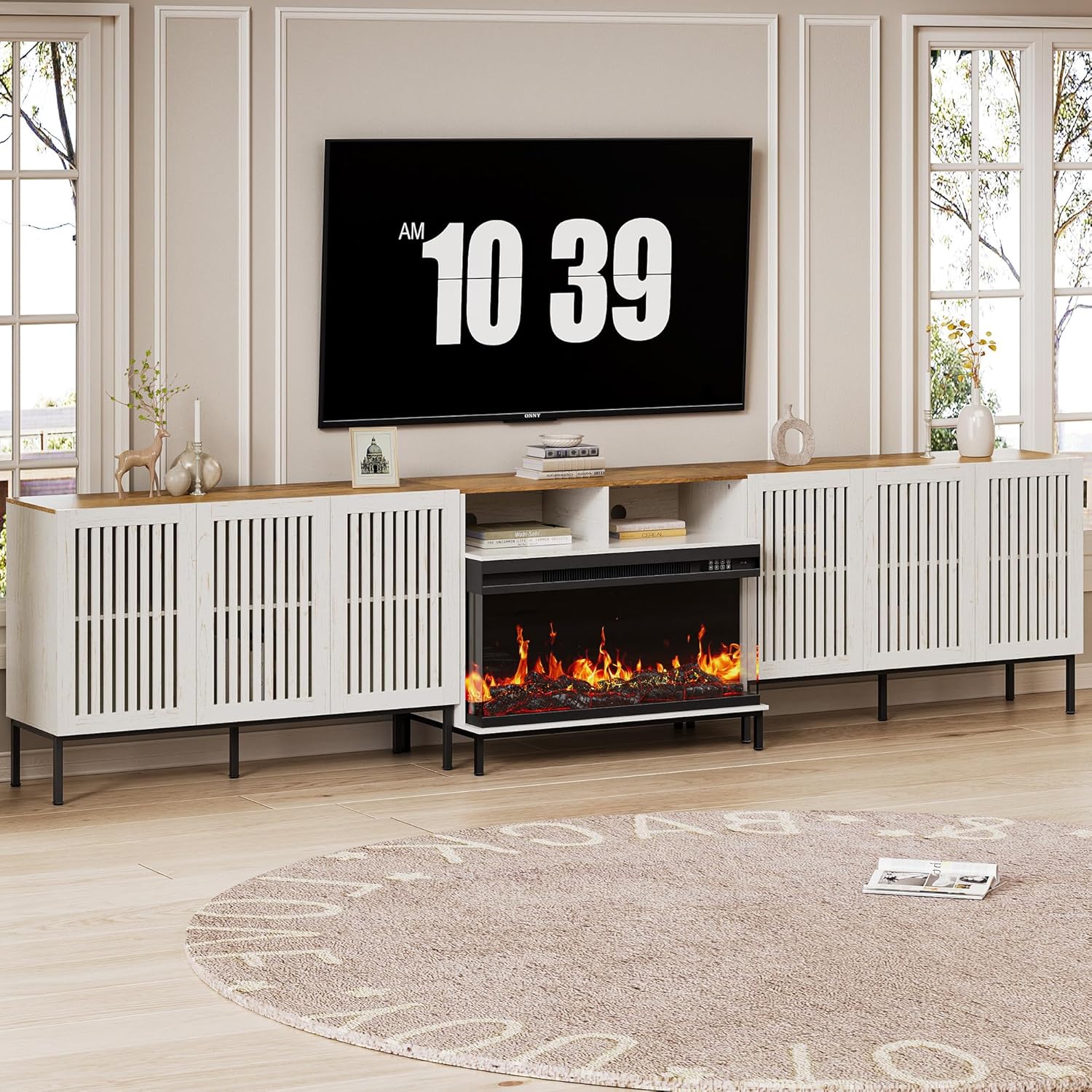 3-Sided Glass Farmhouse Fireplace TV Stand for TVs Up to 110 Inch, Entertainment Center with 36"
