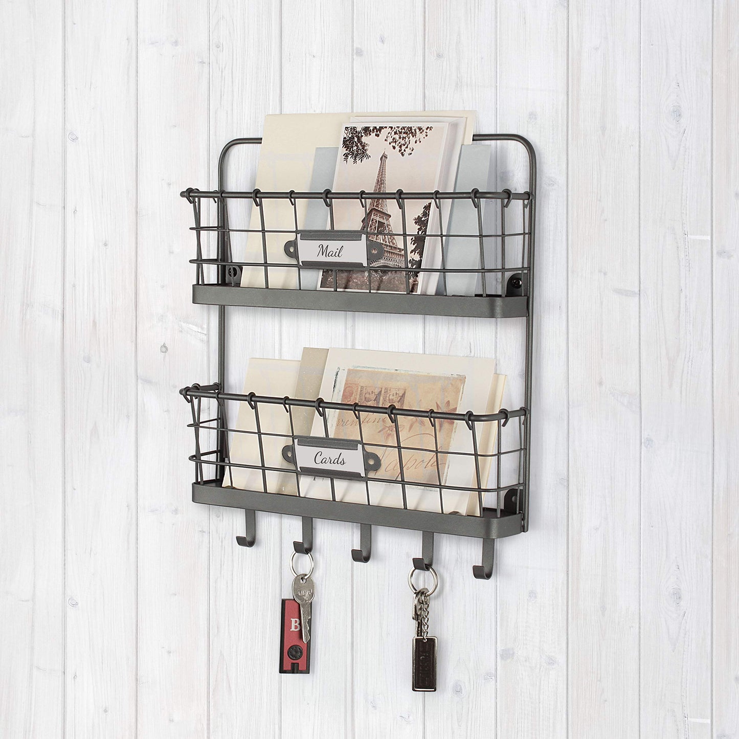 Spectrum Mail and Key Organizer for Wall, Vintage 2-Tier Mail Holder for Wall with 5 Key Hooks