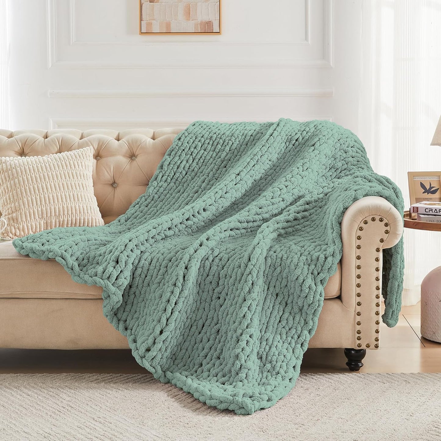 Carriediosa Chunky Knit Throw Blanket 60" X 80" Twin, 100% Hand Made Large Chenille Loop Yarn Soft