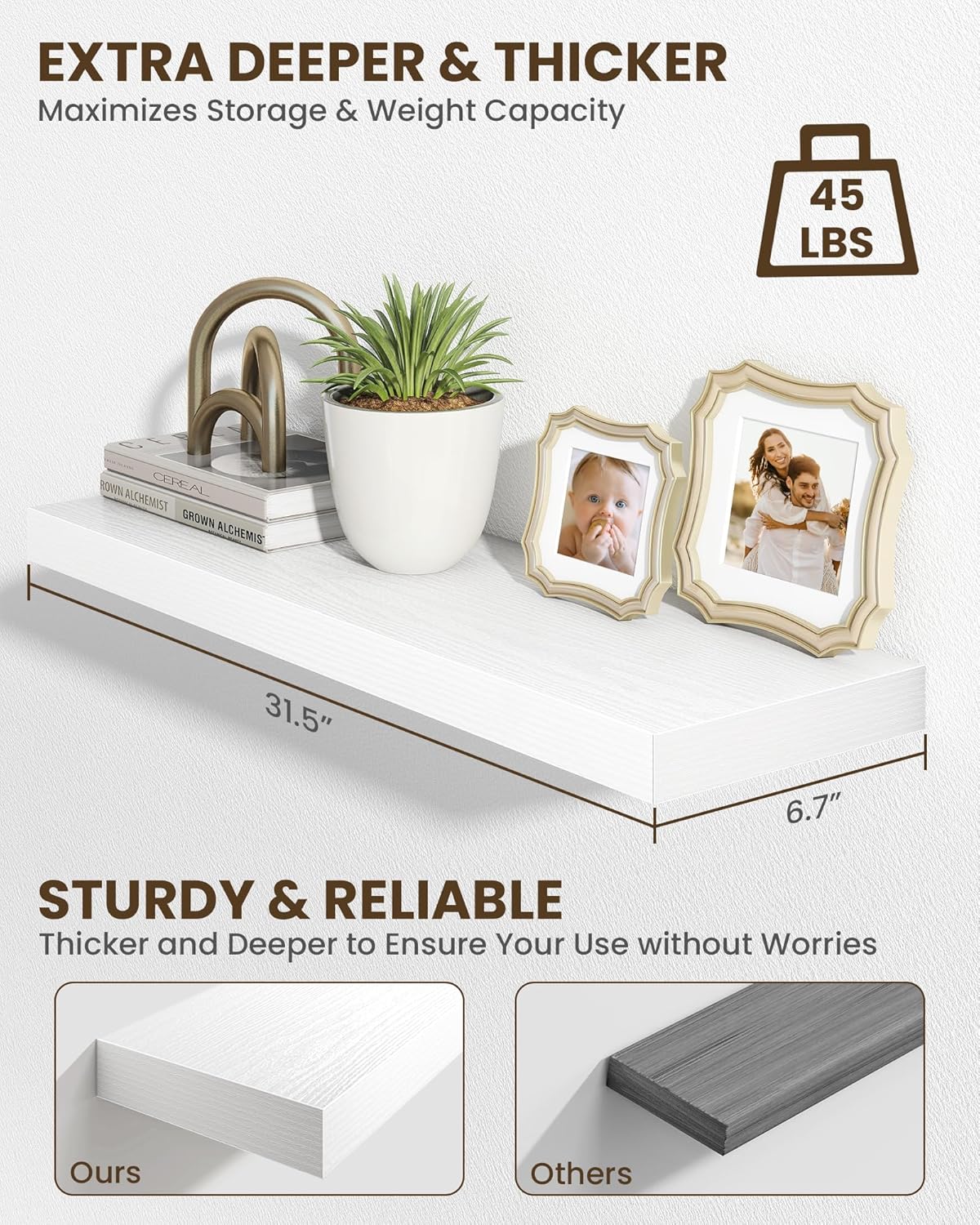 Marsmiles 31.5" Floating Shelves for Wall, Wooden Shelves with Invisible Brackets Set of 2, Rustic