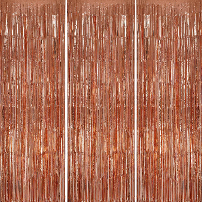 3 Pack Foil Fringe Backdrop - Rose Gold Shiny Tinsel Curtains for Party Decoration/Photo Booth