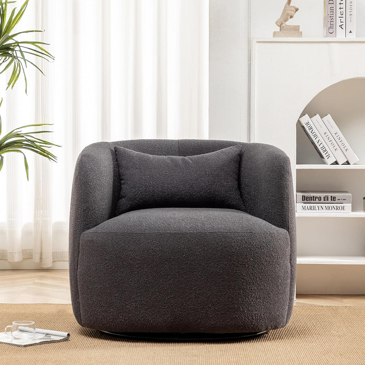 KINWELL 34" Wide Boucle Swivel Barrel Chair, No Assembly Round Upholstered Armchair Accent Chair