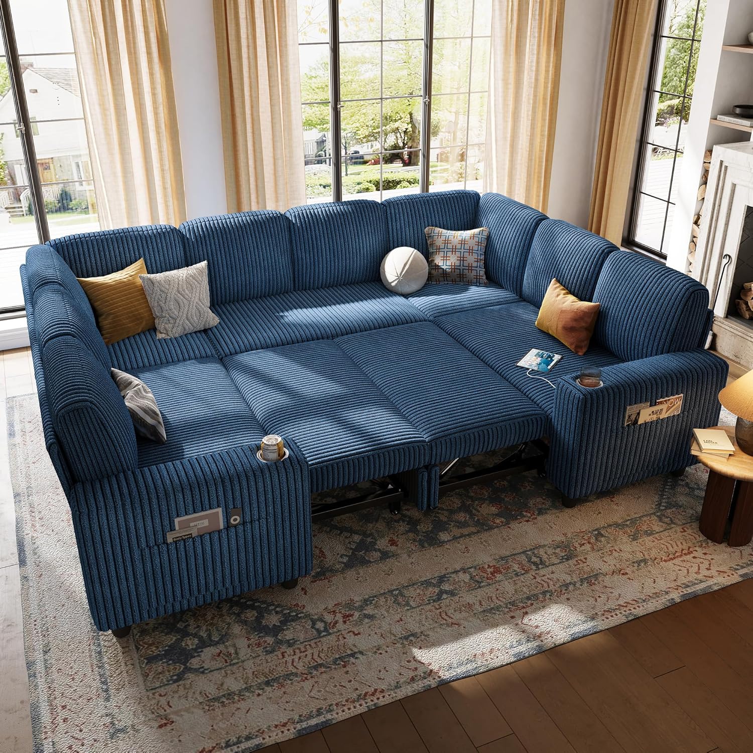 LINSY HOME Sectional Sleeper Sofa with Pull Out Couch Bed - Convertible Plush Corduroy Cloud Couch