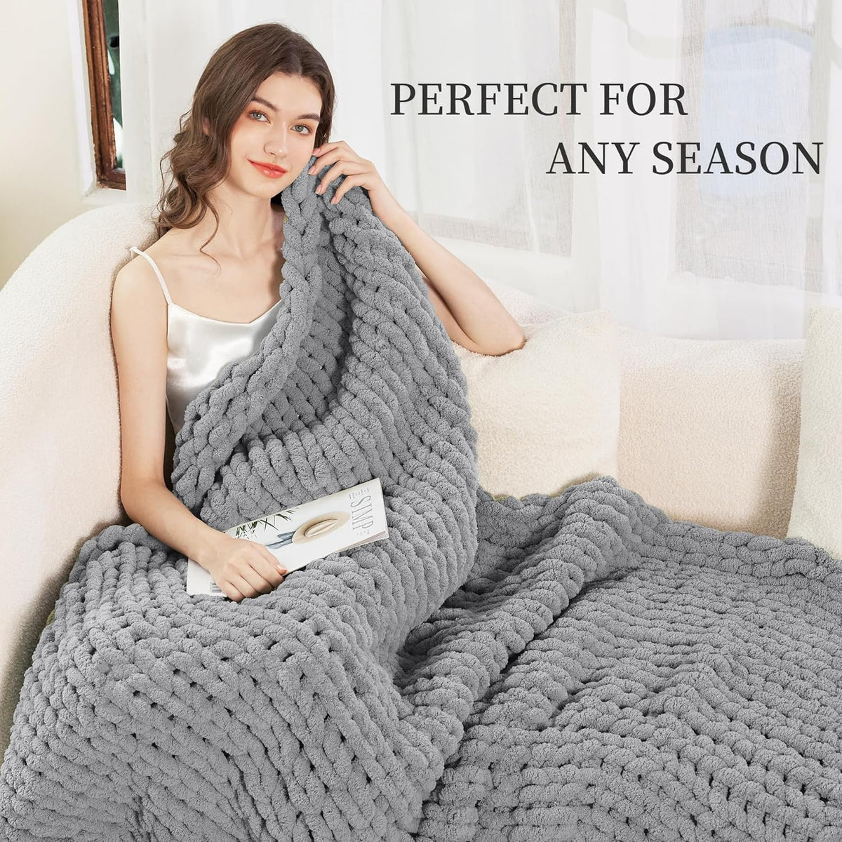 Admitrack Chunky Knit Blanket Throw, 100% Hand Knit Chenille Throw Blanket for Sofa & Home Decor