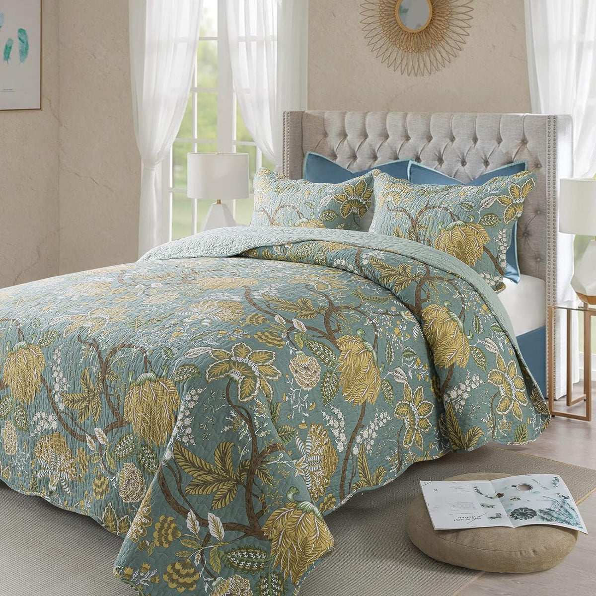 NEWLAKE Cotton Bedspread Quilt Sets-Reversible Patchwork Coverlet Set, Green Floral Pattern, Queen