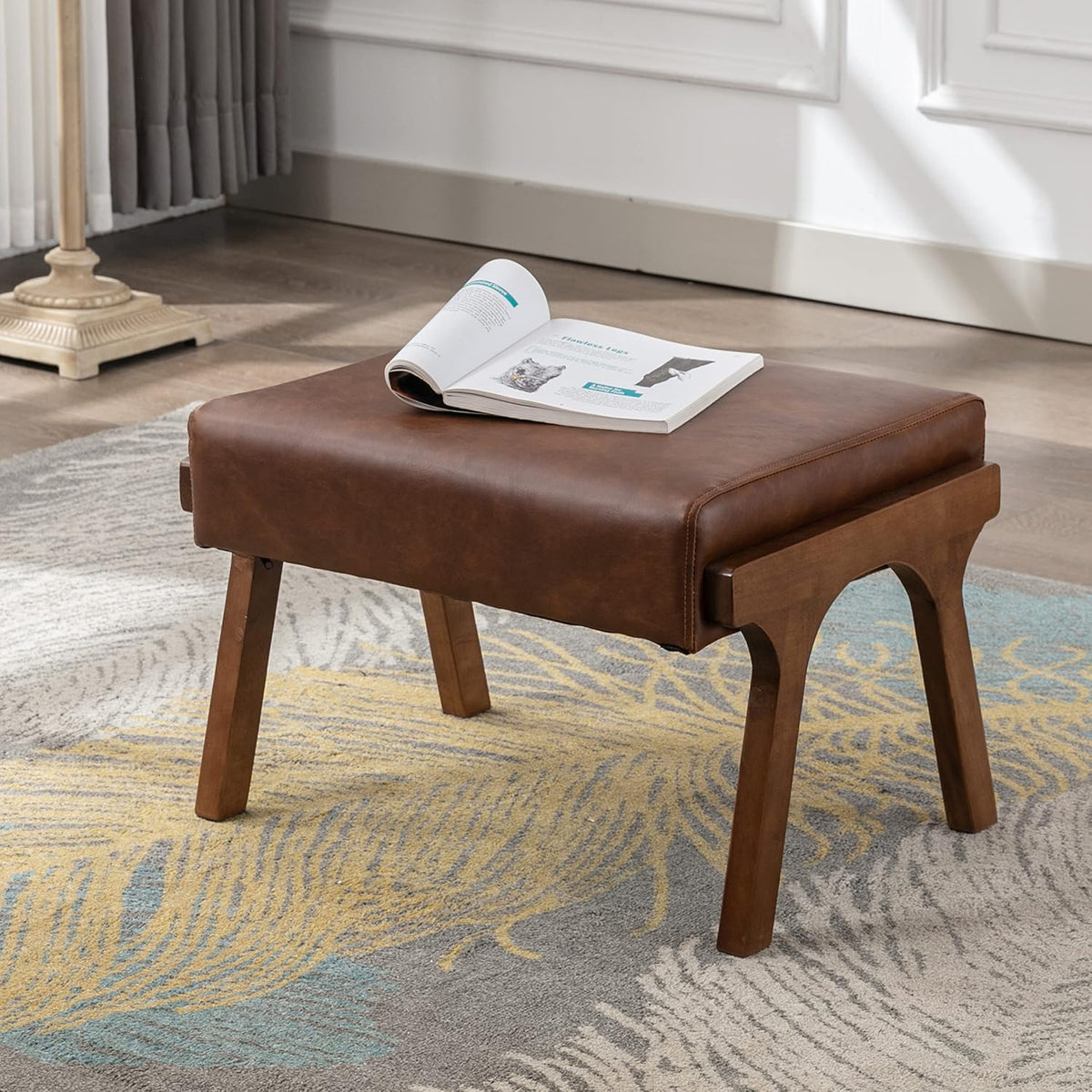 chairus 2 Sets Mid-Century Modern Accent Chairs with Ottoman, Faux Leather Armchair with Wood Legs