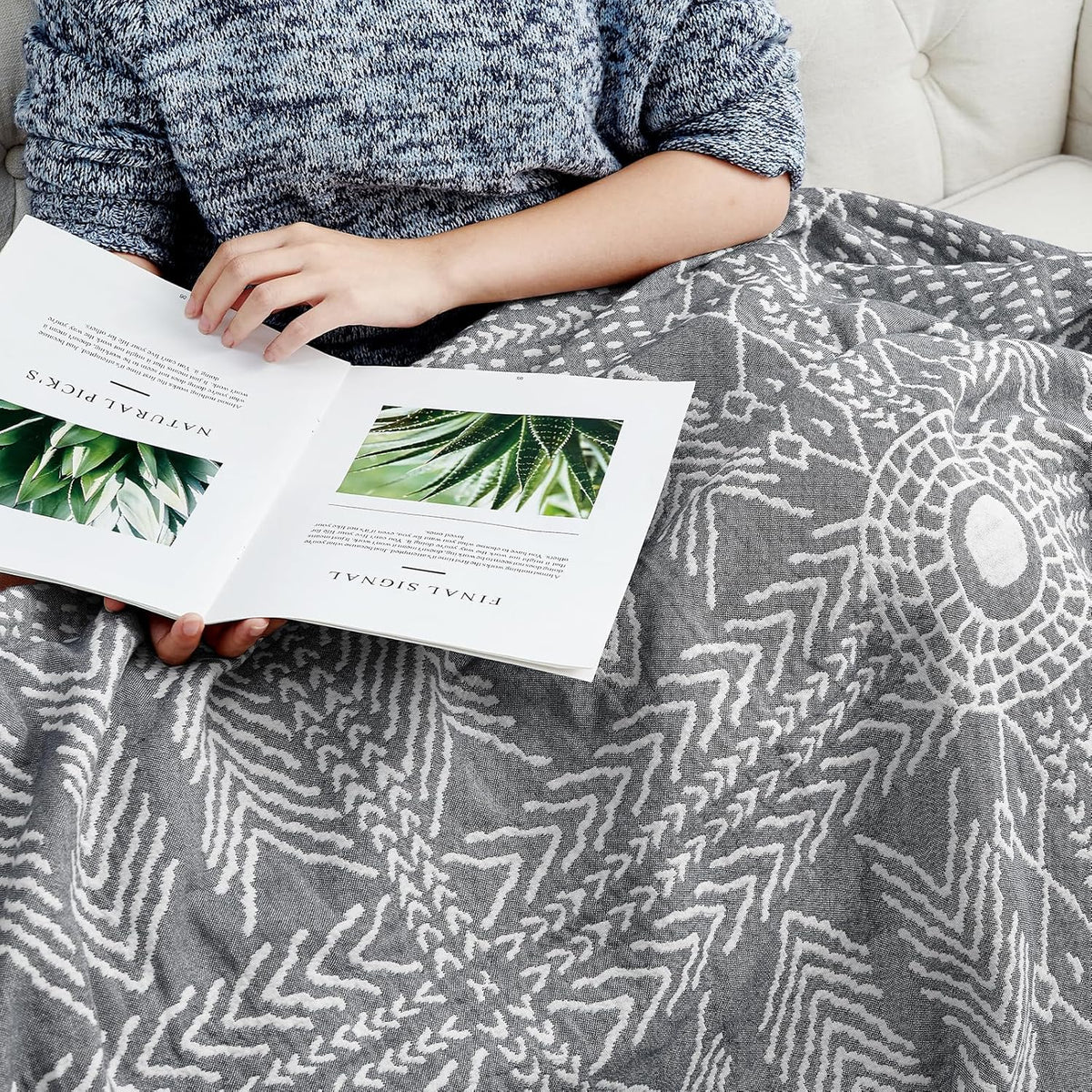 jinchan Boho 100% Cotton Muslin Blanket 3-Layer Queen Size 80x90 Inches Geometric Grey Lightweight