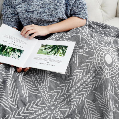 jinchan Boho 100% Cotton Muslin Blanket 3-Layer Queen Size 80x90 Inches Geometric Grey Lightweight