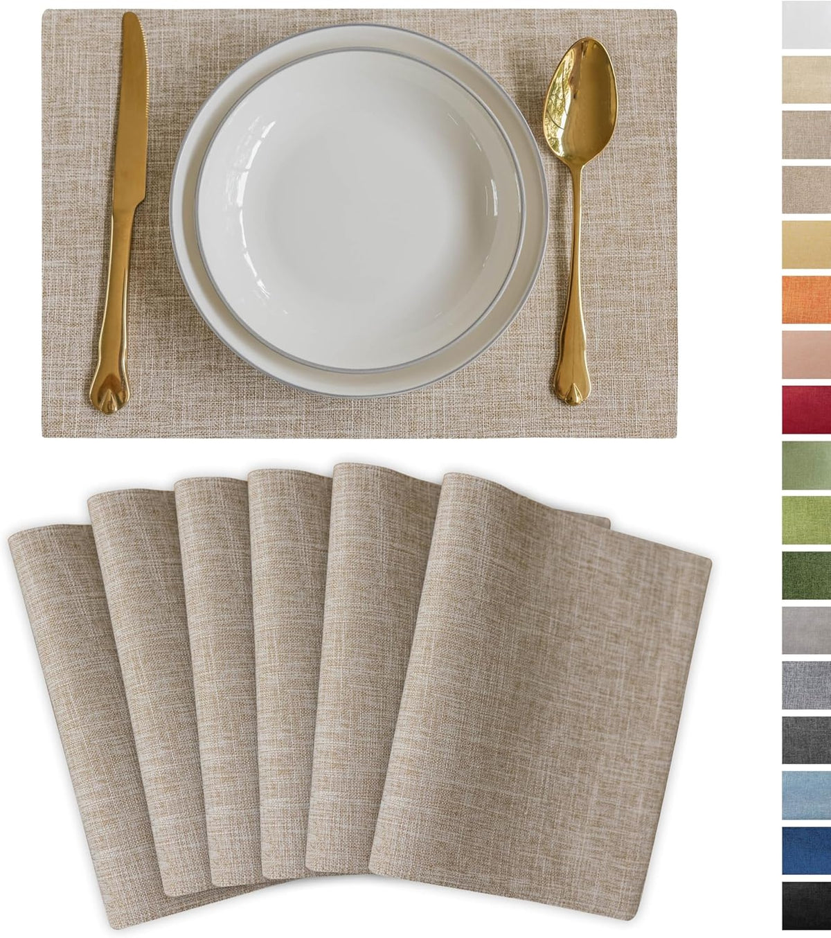 Demetex Burlap Place Mats Set of 6 Heat Resistant Linen Placemats Decorative Wipeable Fabric Table