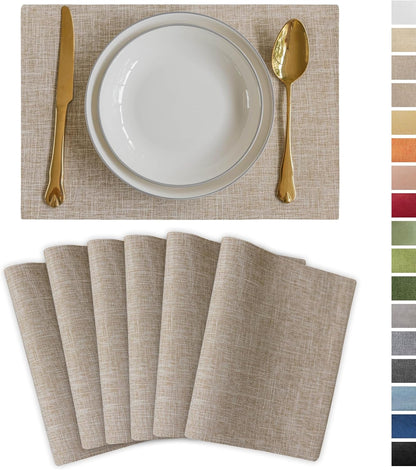 Demetex Burlap Place Mats Set of 6 Heat Resistant Linen Placemats Decorative Wipeable Fabric Table