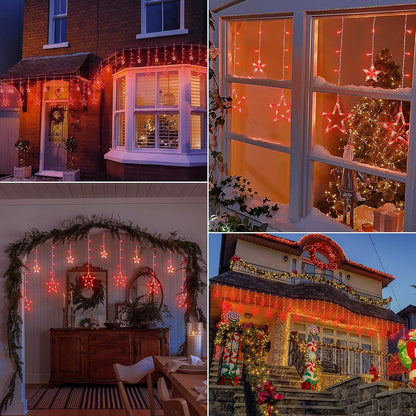 Red Christmas Star Icicle Lights,8.2FT 126LED Curtain String 8 Modes Memory Timer,Connectable Plug