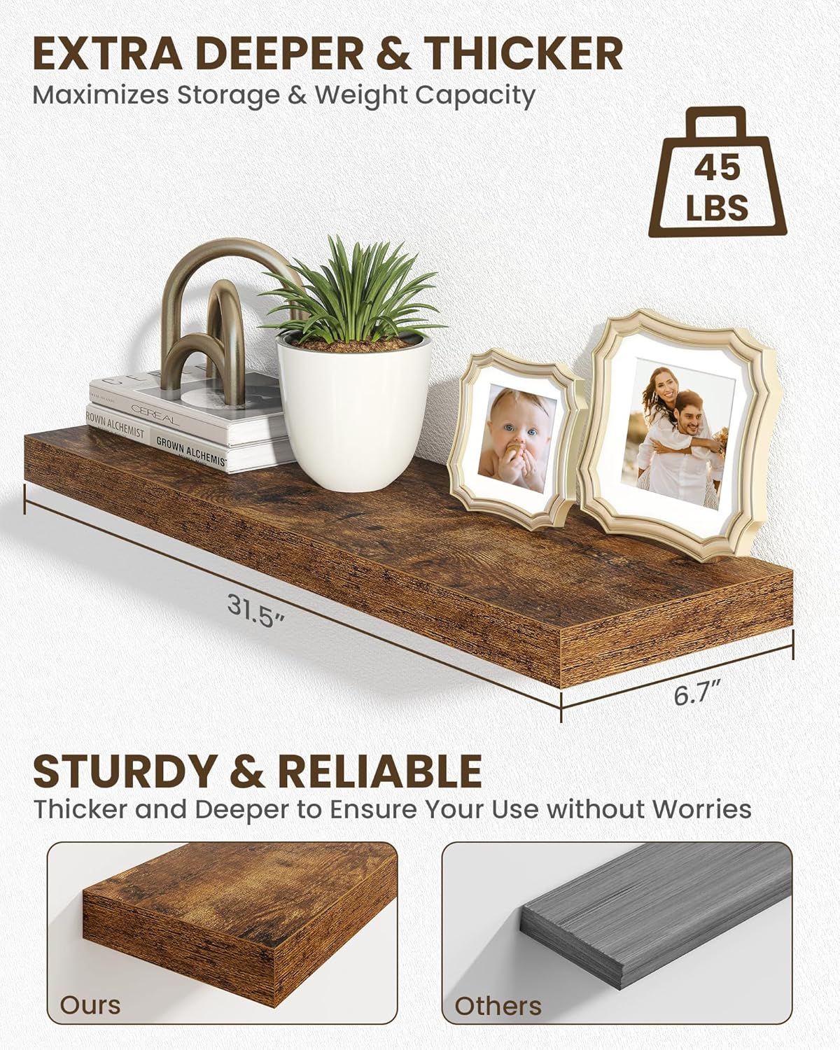 Marsmiles 31.5" Floating Shelves for Wall, Wooden Shelves with Invisible Brackets Set of 2, Rustic