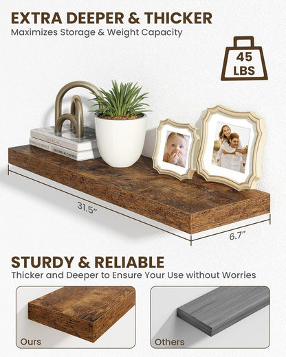 Marsmiles 31.5" Floating Shelves for Wall, Wooden Shelves with Invisible Brackets Set of 2, Rustic