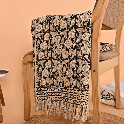 Handmade Cotton Throw Blanket 55x80 Inches | Black & Beige Floral Block Print Decorative Sofa Throw
