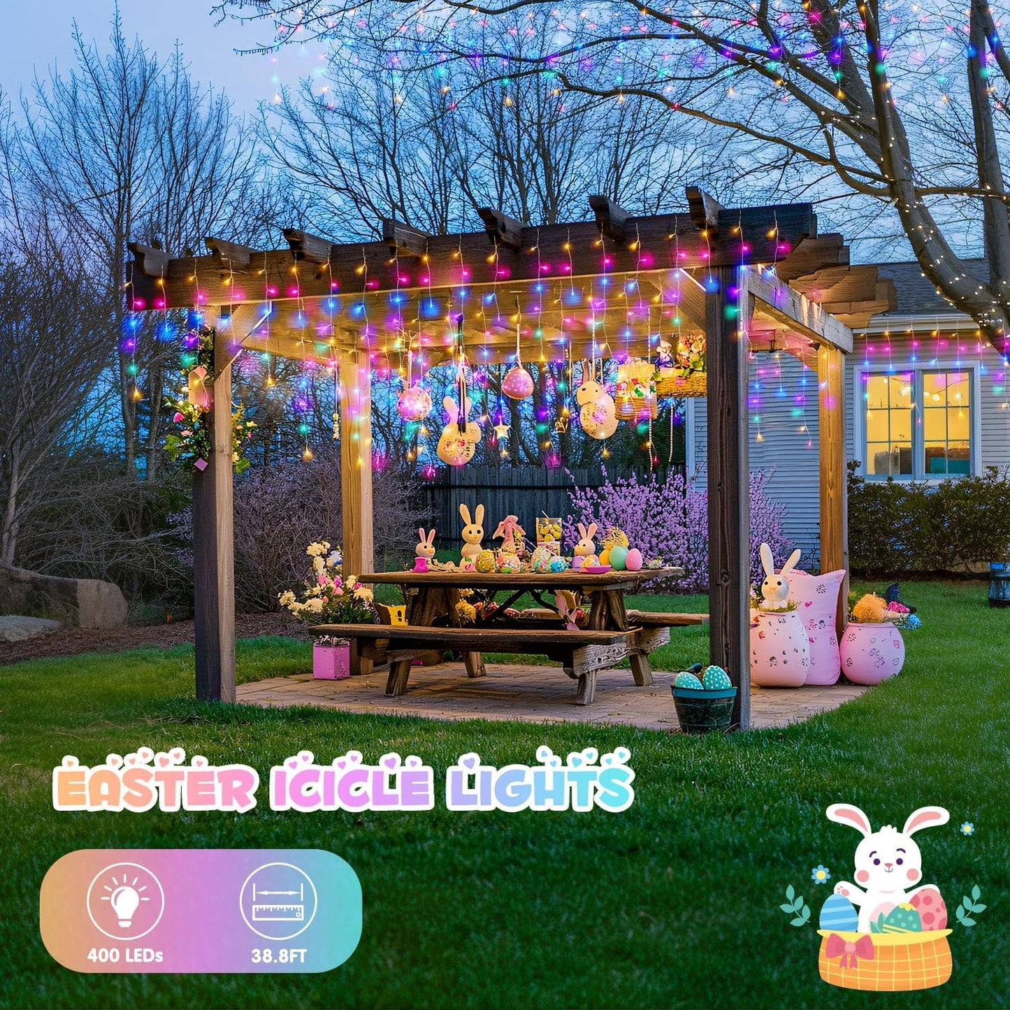 JMEXSUSS 400 LED 38.8 FT Easter Lights String Outdoor, Connectable Pastel Icicle Lights Indoor