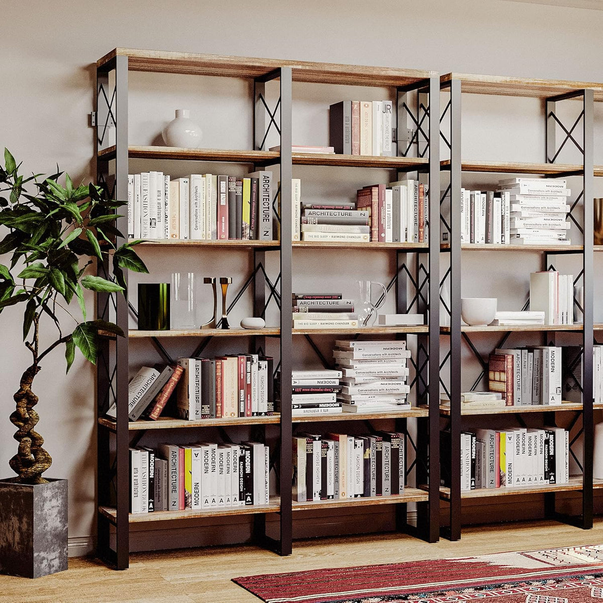 IRONCK Bookshelves Double Wide 6-Tier 76" H, Open Large Bookcase, Industrial Style Shelves for Home