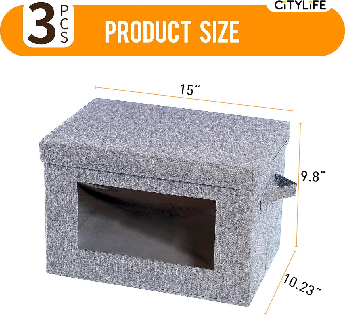 Citylife 3-Pack Collapsible Storage Bins with Lids, Linen Fabric Foldable Storage Boxes, Cube