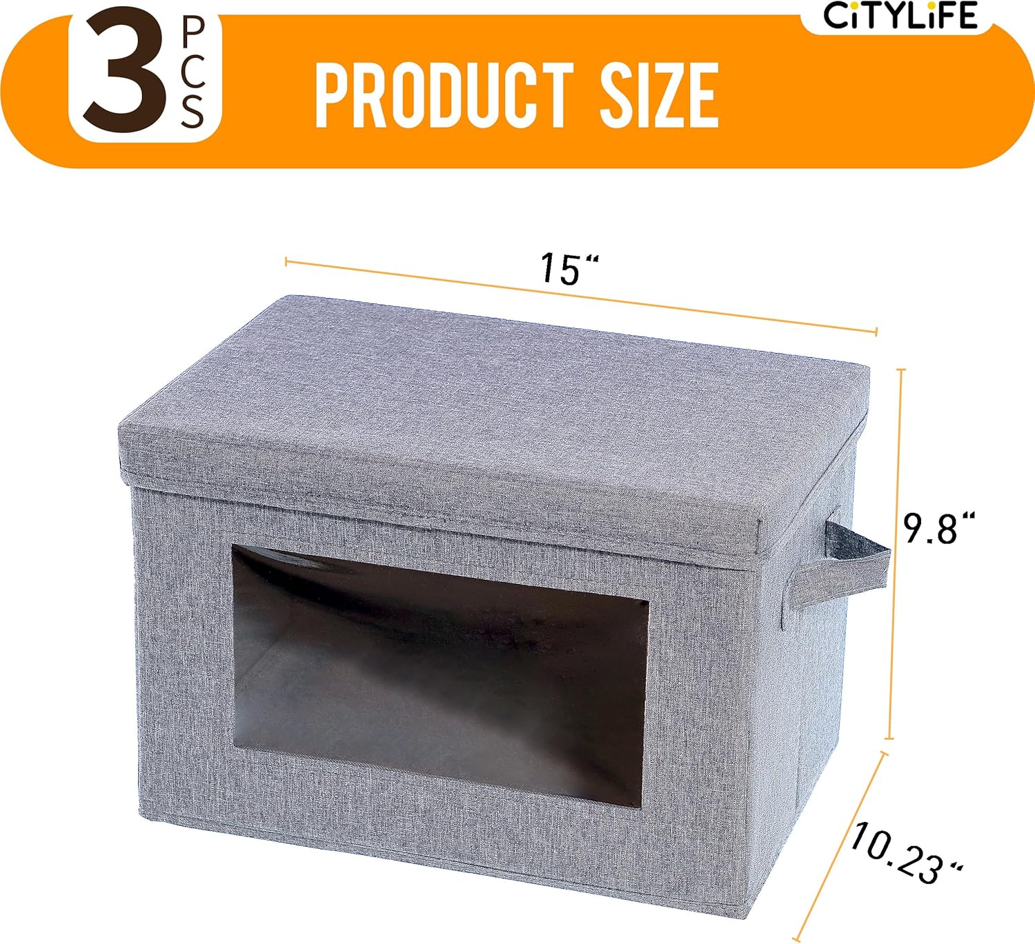 Citylife 3-Pack Collapsible Storage Bins with Lids, Linen Fabric Foldable Storage Boxes, Cube