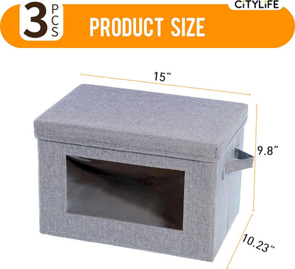 Citylife 3-Pack Collapsible Storage Bins with Lids, Linen Fabric Foldable Storage Boxes, Cube