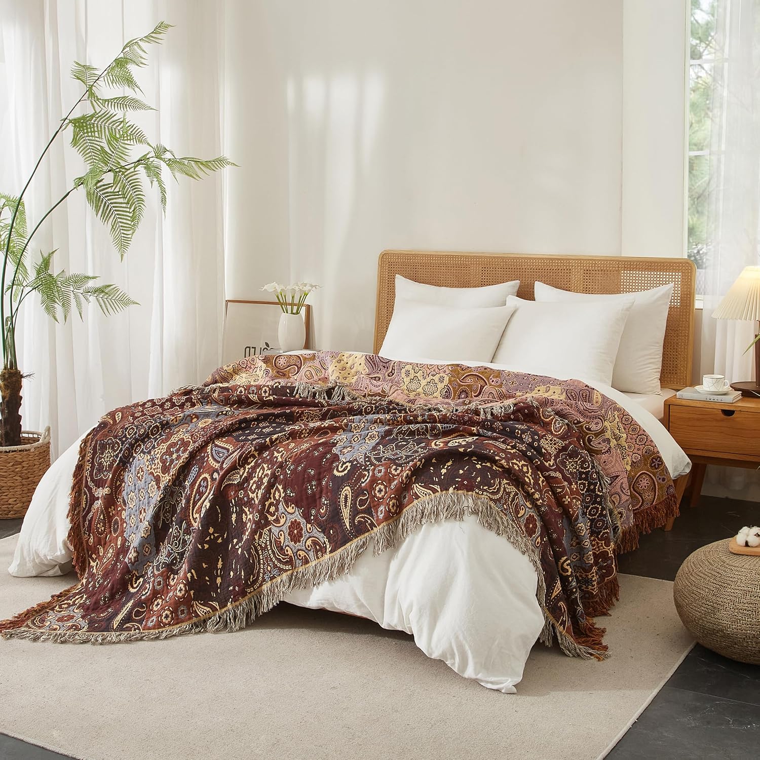 Boho Throw Blanket for Bed 60”x80”, 100% Cotton Woven Blanket for Couch Sofa, Ultra Soft 4-Layer