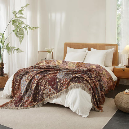 Boho Throw Blanket for Bed 60”x80”, 100% Cotton Woven Blanket for Couch Sofa, Ultra Soft 4-Layer