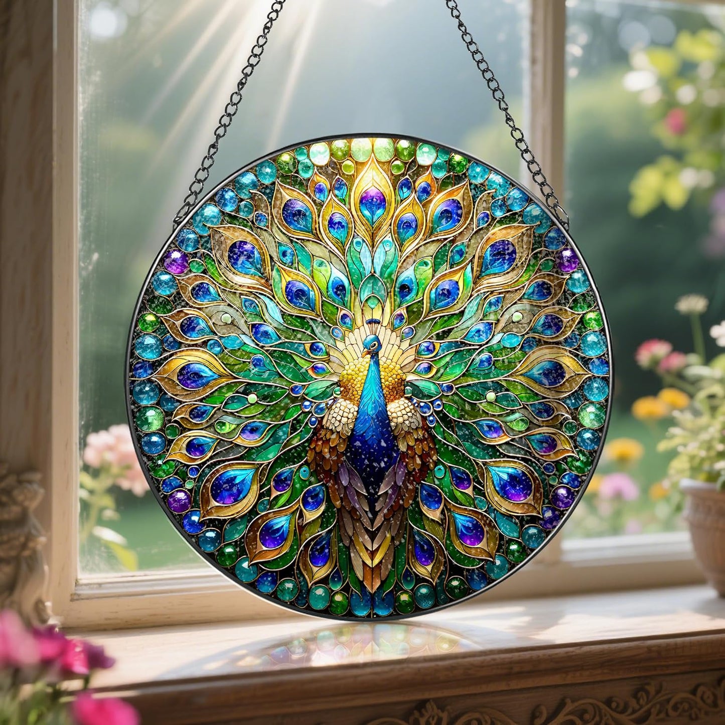Stained Glass Window Hanging, LAOWEIKI 8'' Peacock Suncatcher, Stained Glass Ornament, Suncatchers