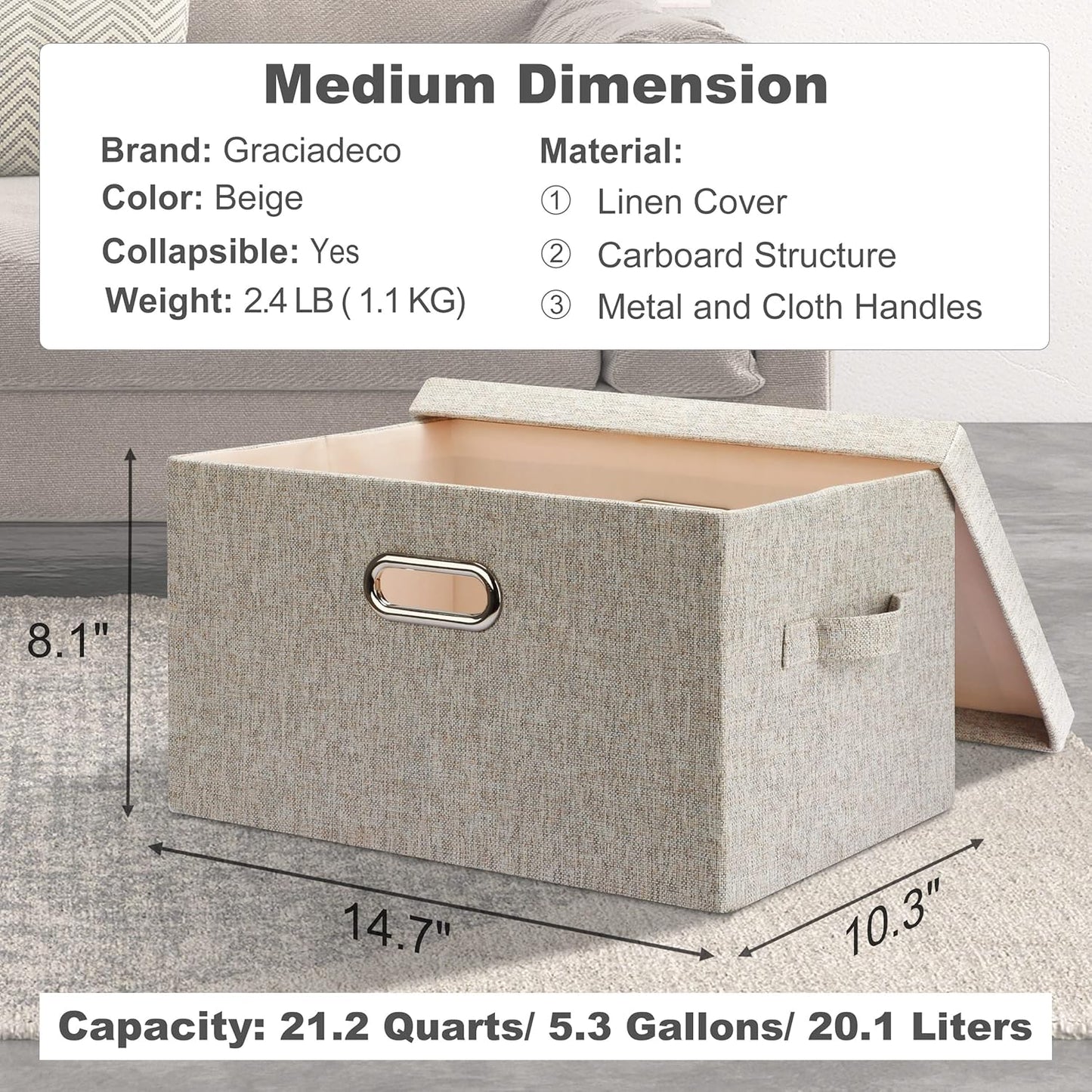 Medium 15" 21 Quart Collapsible Stackable Storage Bins with Lids, 3 Packs Beige Foldable Fabric