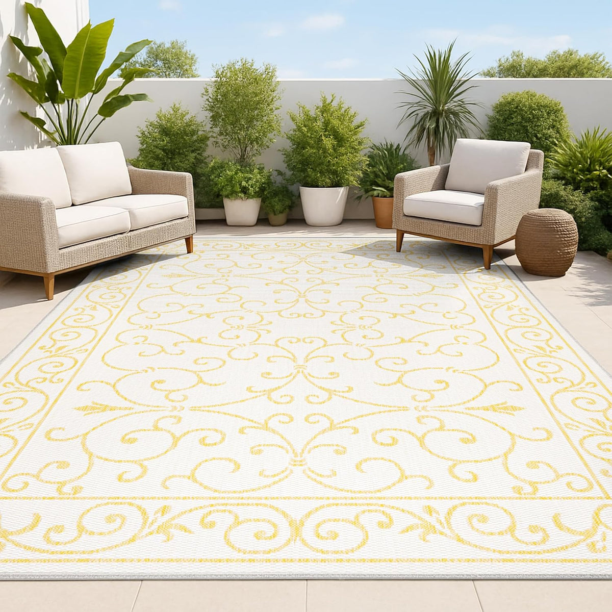 JONATHAN Y Vintage Filigree Indoor Outdoor Area Rug 4X6 Cream/Yellow, Charleston Textured Weave for