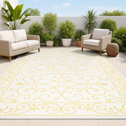 JONATHAN Y Vintage Filigree Indoor Outdoor Area Rug 9X12 Cream/Yellow, Charleston Textured Weave