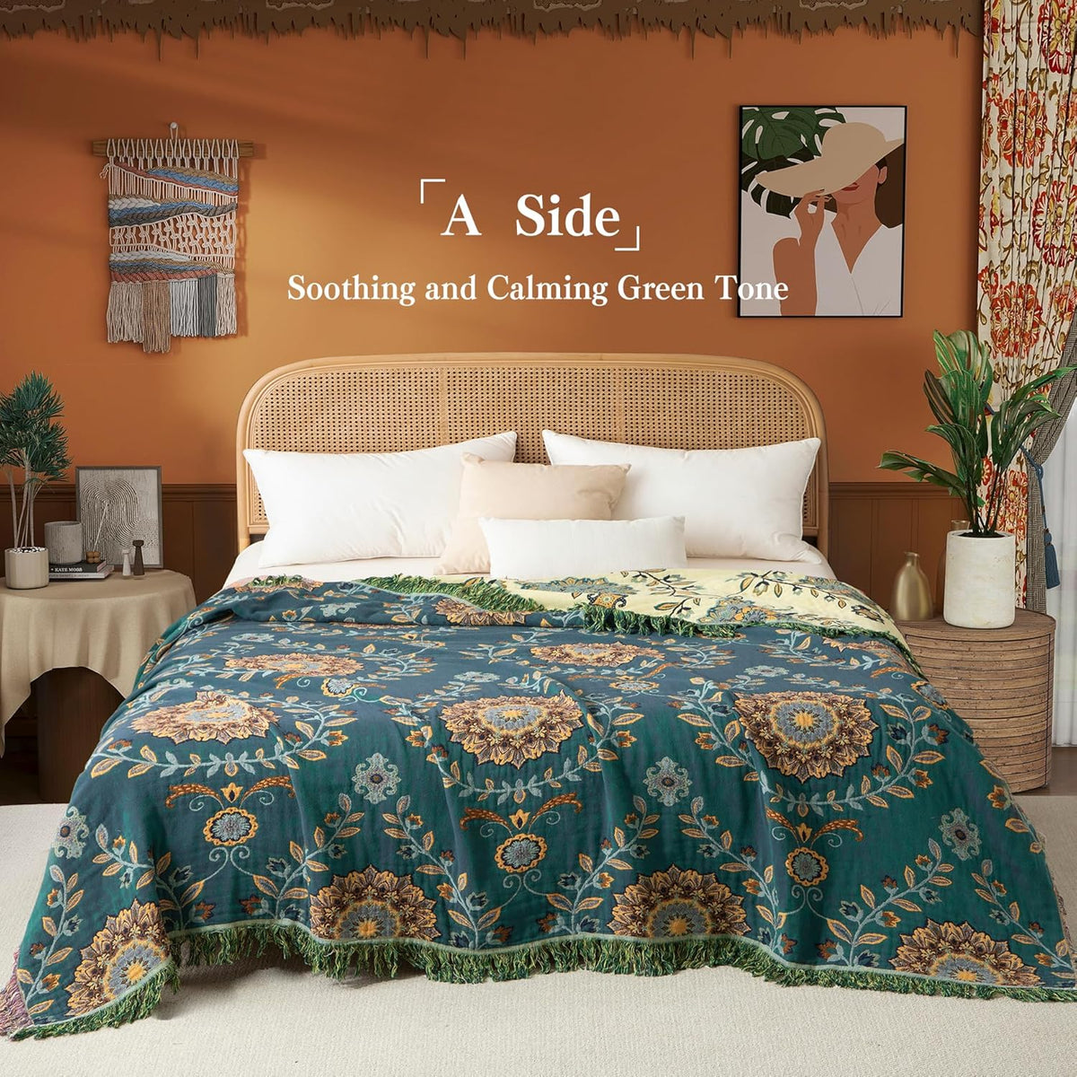 Boho Throw Blanket Twin Size, Soft Cozy Cotton Muslin Quilt Blanket for Bed Decor, Floral Patterned