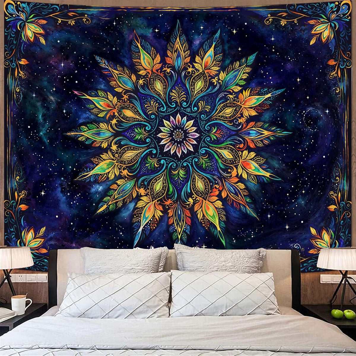 Fowocu Boho Floral Mandala Tapestry for Bedroom Aesthetic Blue Bohemian Colorful Flower Wall