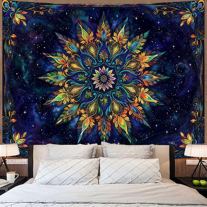 Fowocu Boho Floral Mandala Tapestry for Bedroom Aesthetic Blue Bohemian Colorful Flower Wall