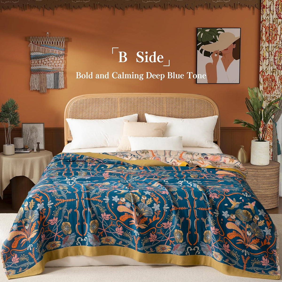 Boho Throw Blanket Twin Size, Soft Cozy Cotton Muslin Quilt Blanket for Bed Decor, Floral Patterned