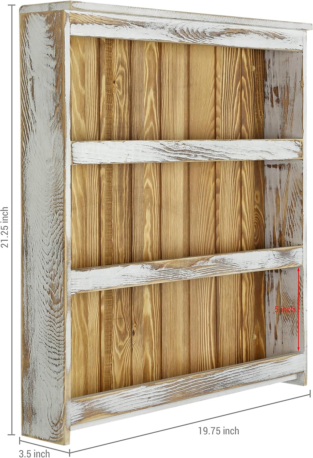 MyGift 3 Tier Wall Mounted Spice Rack, Shabby White Washed and Rustic Natural Burnt Solid Wood