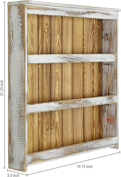 MyGift 3 Tier Wall Mounted Spice Rack, Shabby White Washed and Rustic Natural Burnt Solid Wood