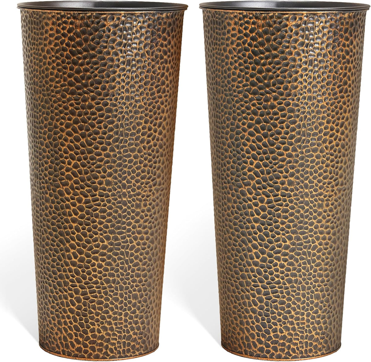 KOL 25" H. Metal Hand-Hammered Planters with Inner Pots 2-Pack, Bronze Decor Planter for Deck