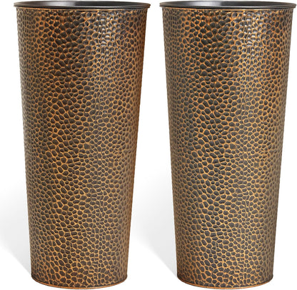 KOL 25" H. Metal Hand-Hammered Planters with Inner Pots 2-Pack, Bronze Decor Planter for Deck