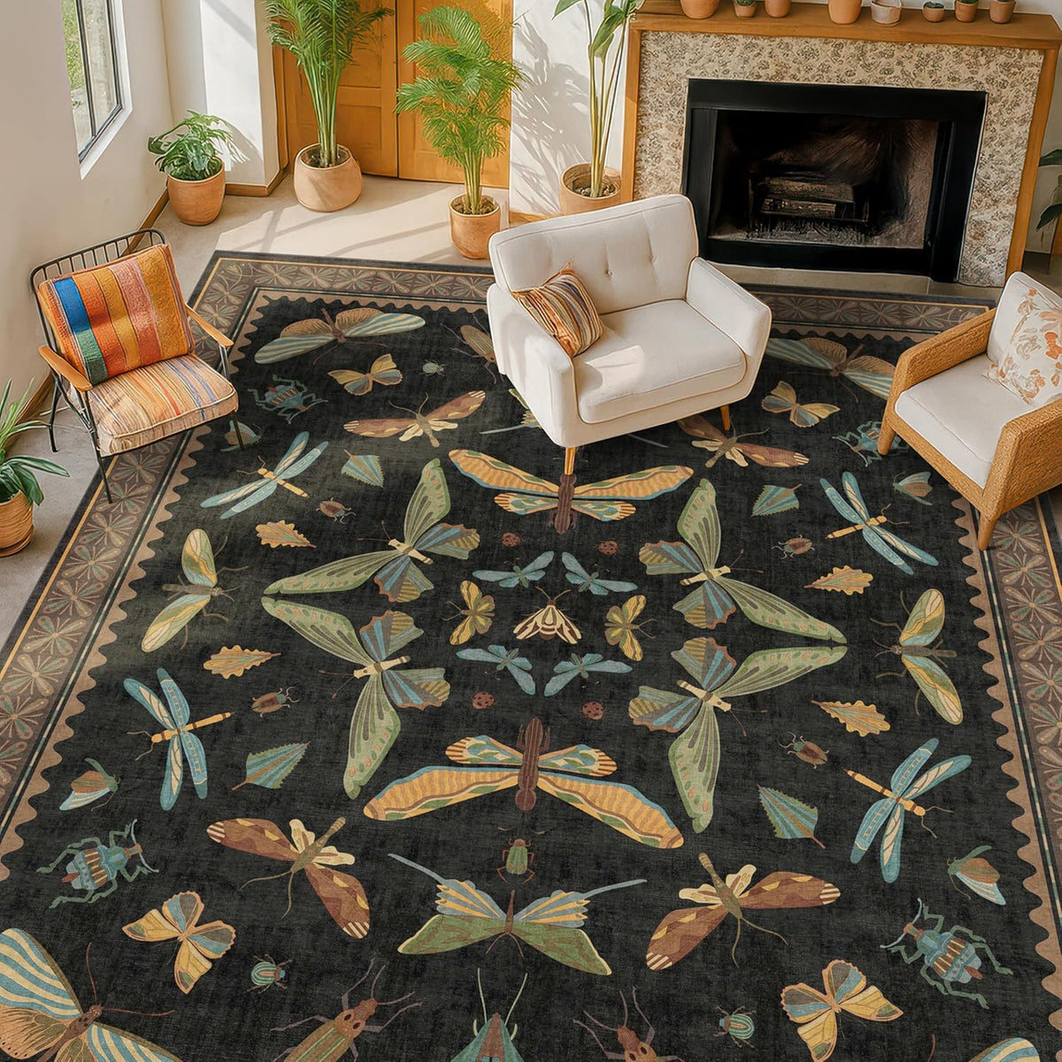 Black Washable Insect Area Rugs 8x10 - Bug, Dragonfly, Bee, Moth, Butterfly Print Rugs for Living