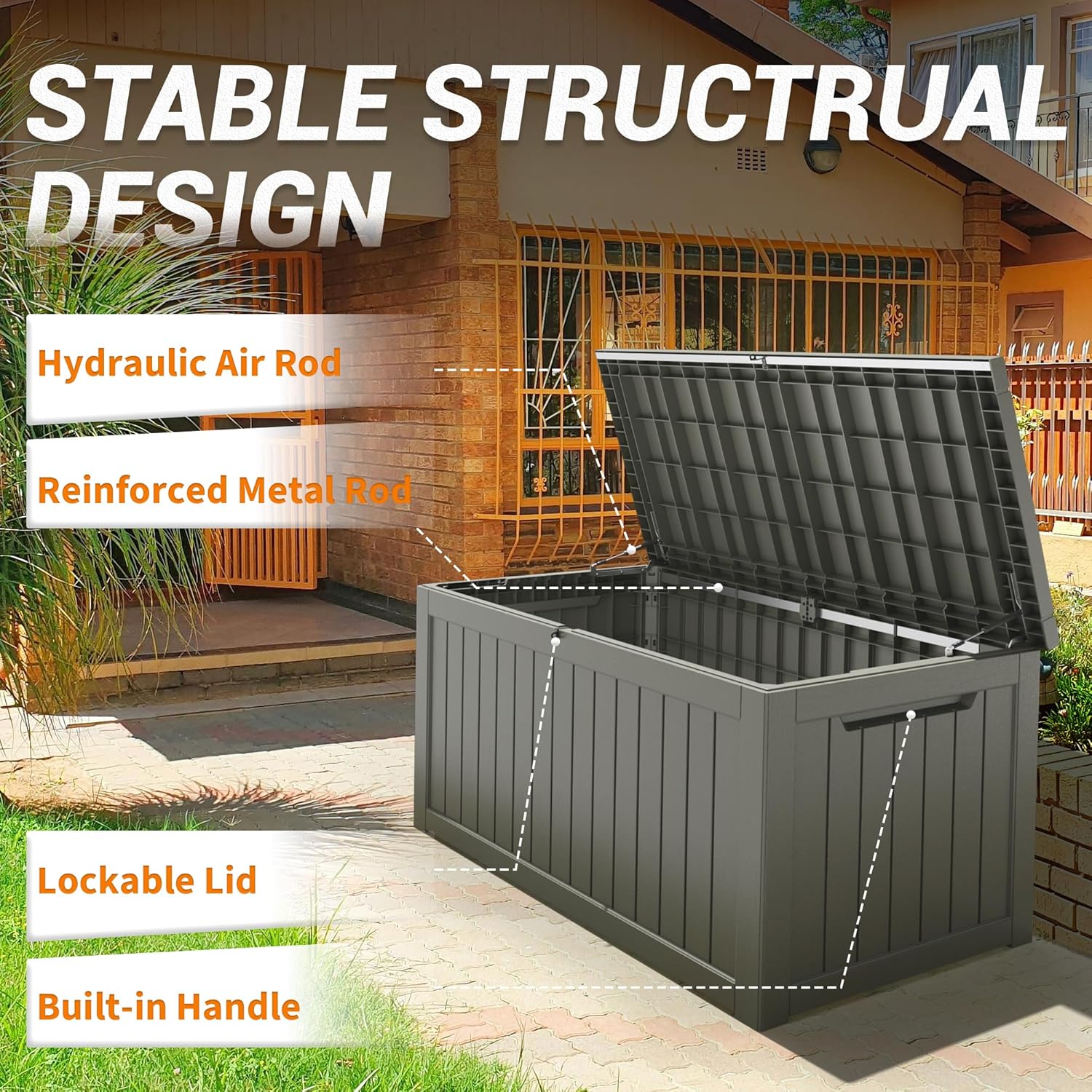 NUNU LAB 230 Gallon Large Resin Deck Box, Waterproof Outdoor Storage Box, Lockable Storage Bin for