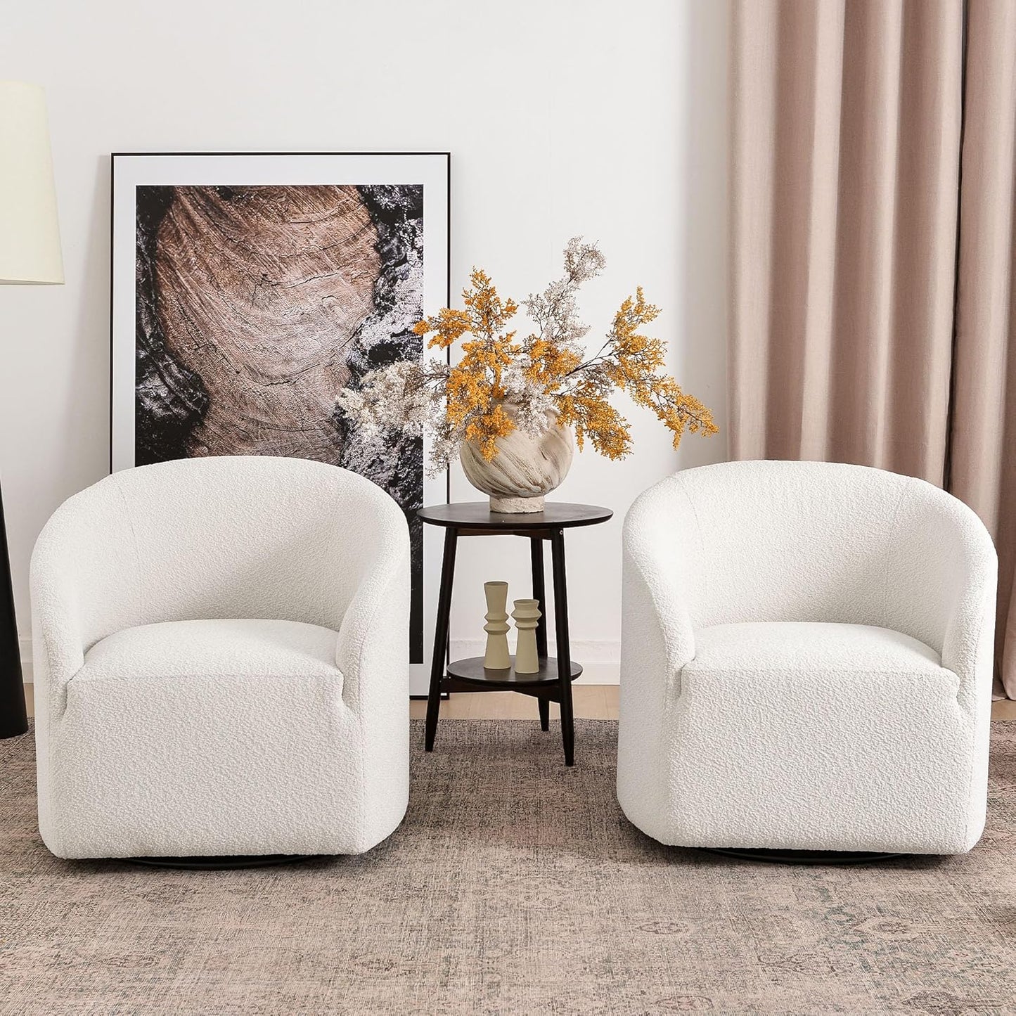 KINWELL 32" Wide Modern Boucle Swivel Barrel Chairs Set of 2, No Assembly Round Upholstered Swivel