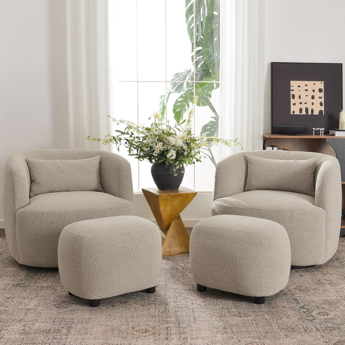 KINWELL 34" Wide 2 Boucle Swivel Barrel Chairs and 2 Ottomans Set, Fully Assembled Sherpa Accent
