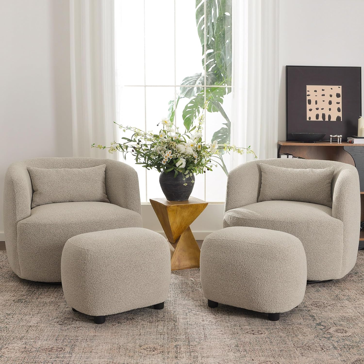 KINWELL 34" Wide 2 Boucle Swivel Barrel Chairs and 2 Ottomans Set, Fully Assembled Sherpa Accent